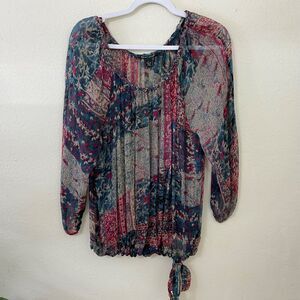Lucky Brand Silk Top women’s size L 100% Silk Sheer Floral Boho Top